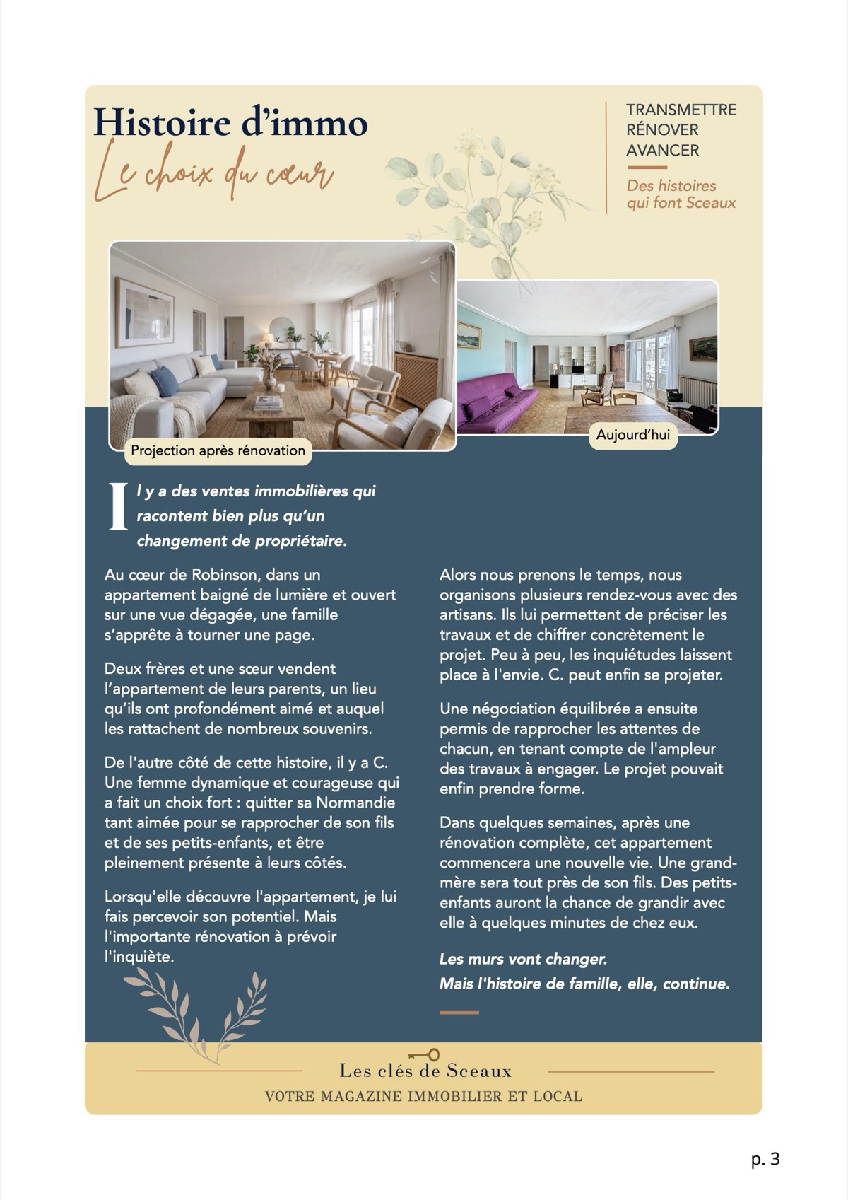 Page 3 : Histoire d’immo, « Le choix du cœur », la vente d’un appartement de famille à Robinson.