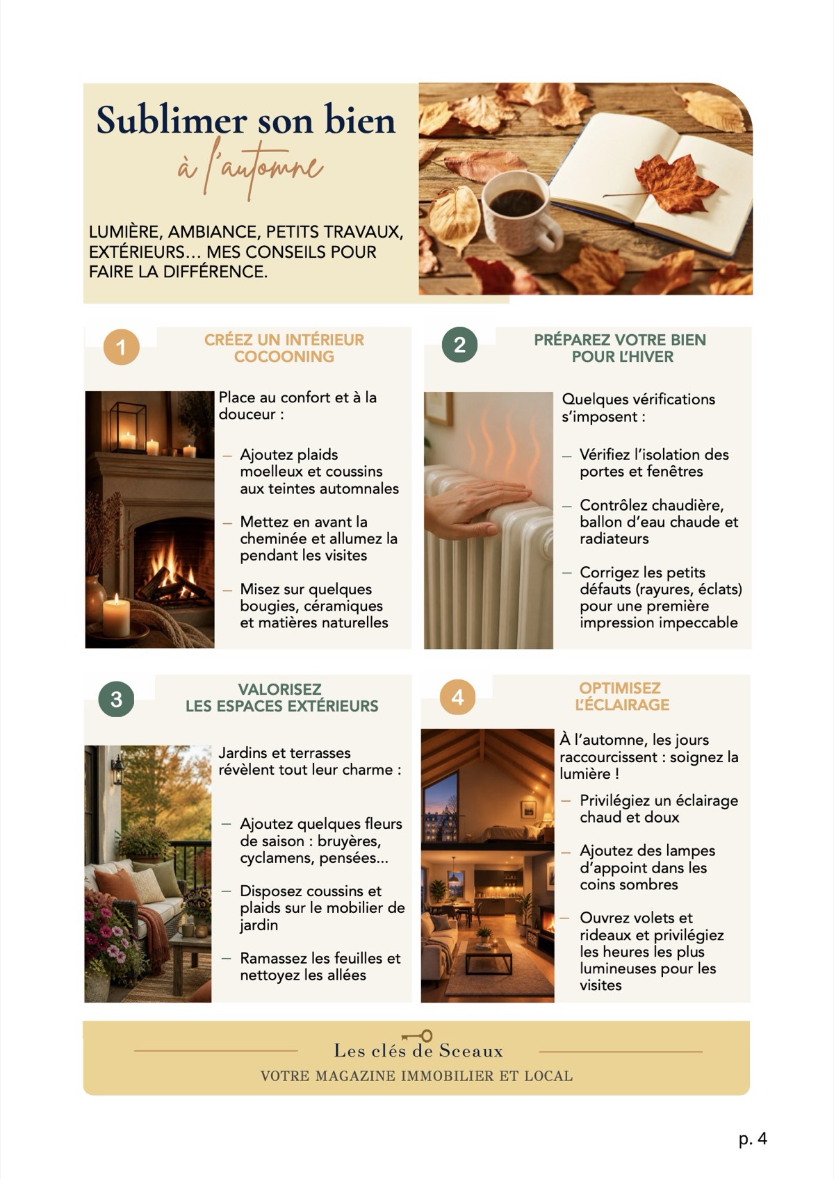 Page 4 : Sublimer son bien à l’automne, conseils sur l’éclairage, l’ambiance intérieure, les extérieurs et les vérifications avant l’hiver.