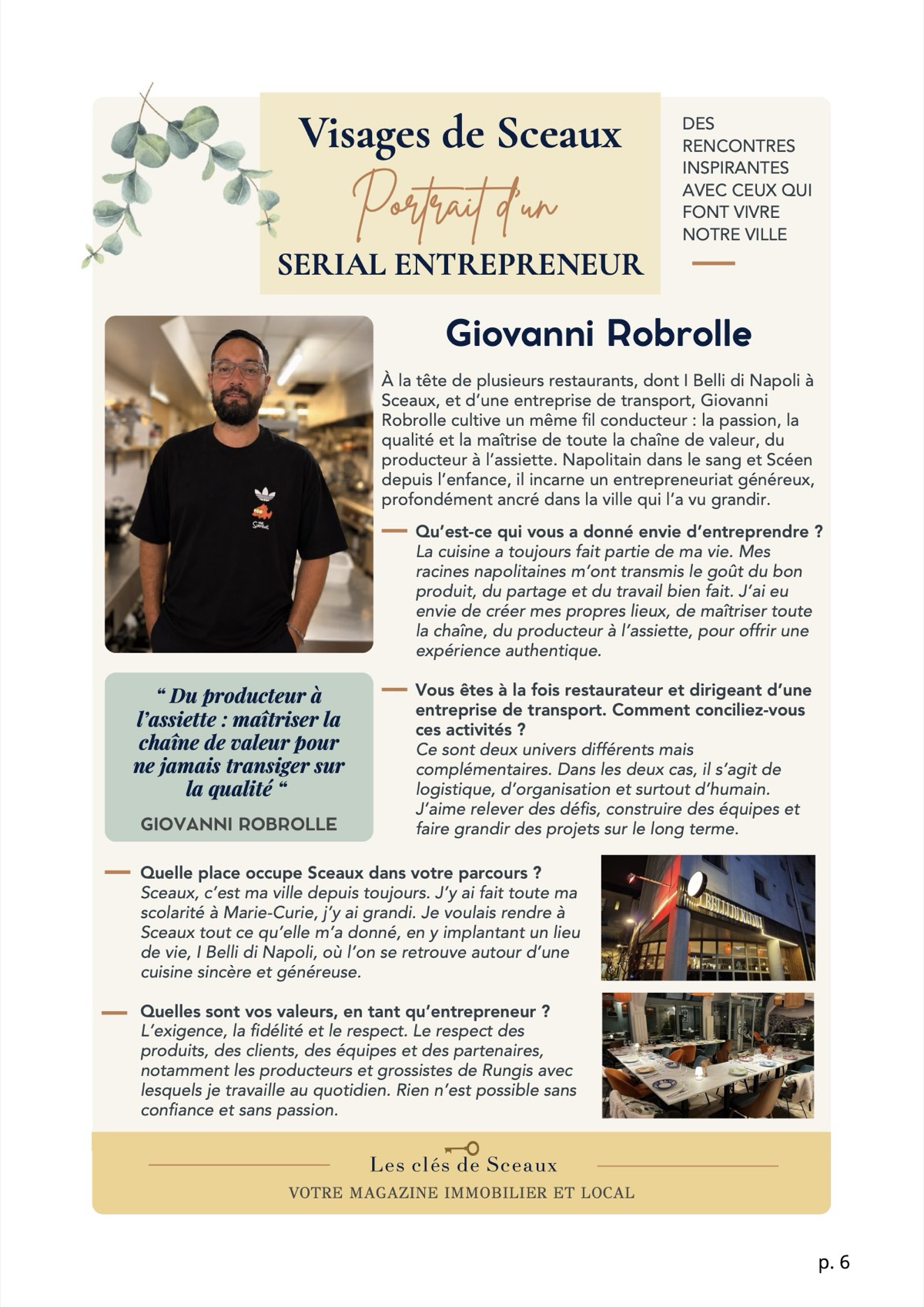 Page 6 : Visages de Sceaux, portrait de Giovanni Robrolle, restaurateur (I Belli di Napoli) et entrepreneur.